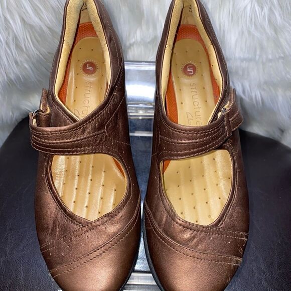 Clarks Unstructured Women's Metallic Brown Bronze Leather Mary Jane Shoe Sz 7.5M - Picture 5 of 10